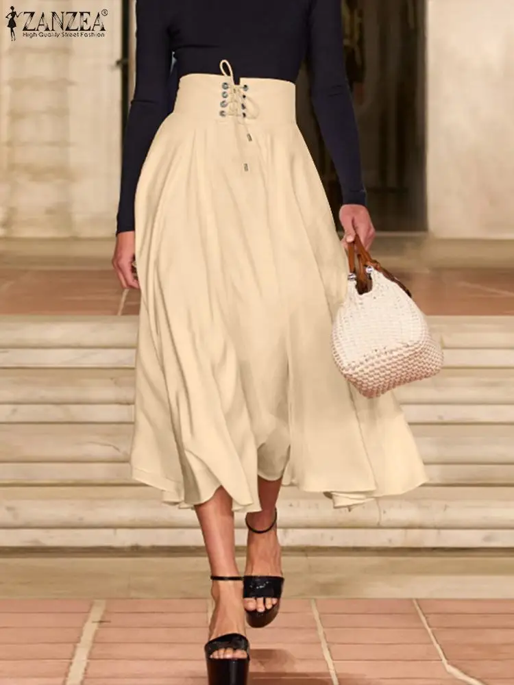 

Oversized Women Casual Lace Up Skirts OL Elegant Skirts ZANZEA 2023 Summer High Waist Skirts Ladies Office Formal Skirt Faldas