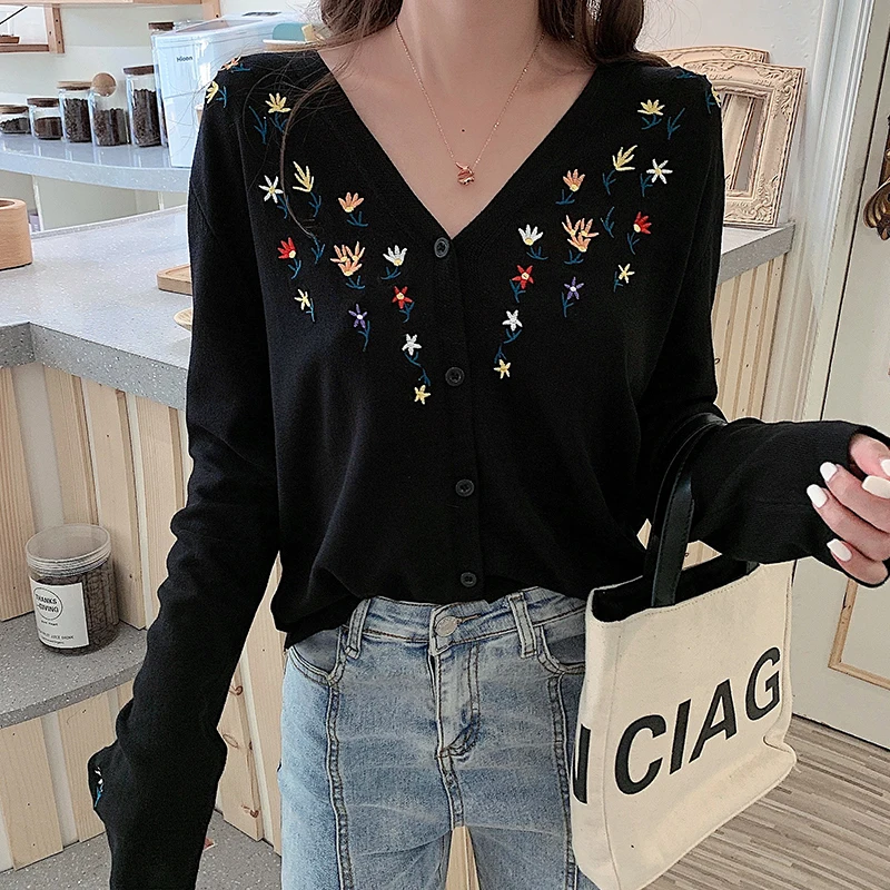 Кардиган с вышивкой женский свитер длинным рукавом летние топы тонкий простой