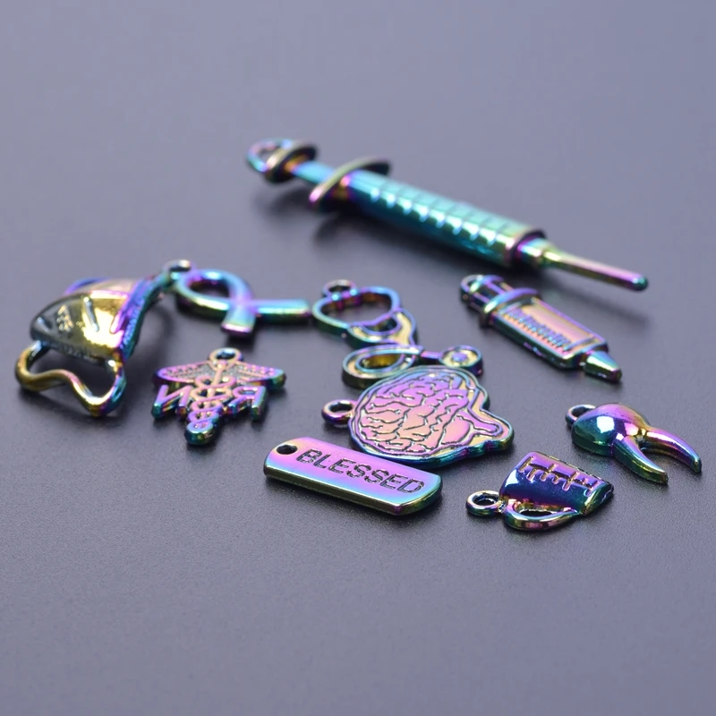 10Pcs Punk Charms Medical Tools Mask Tooth Brain Alloy Rainbow Color Pendant Charms For Jewelry Making Finding DIY Bulk Supplies