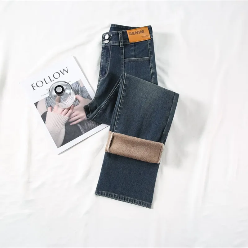 

Винтажные прямые джинсы длиной до щиколотки, плотные теплые джинсовые брюки с высокой талией, женские весенне-зимние Бархатные Джинсы, женская уличная одежда 172