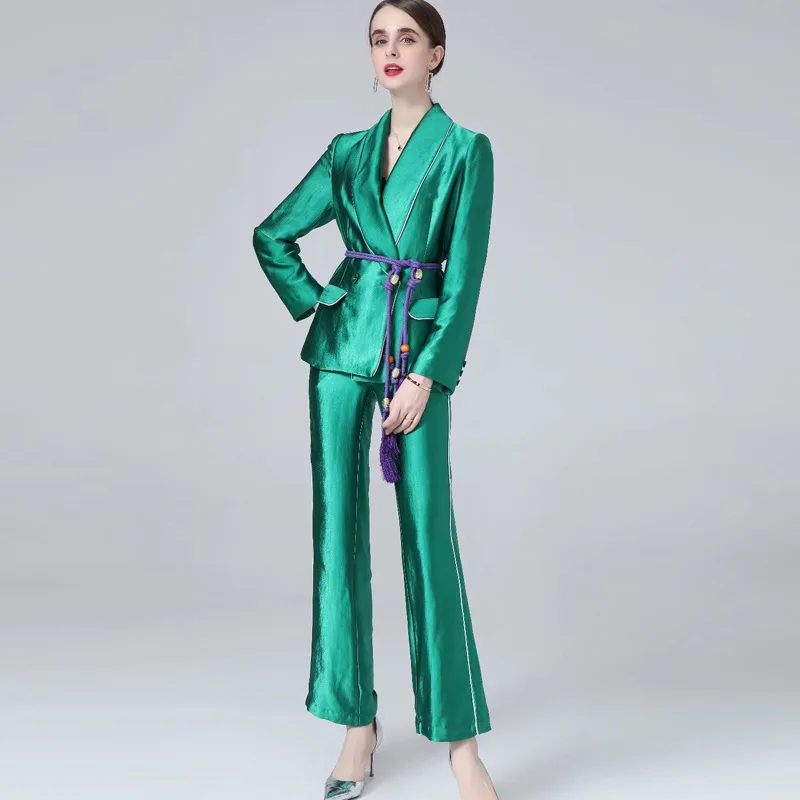 

women's clothing luxury sets blazer suits runway 2022 Winter Double-breasted Bandage satin jacket + Flared Pants 2 pieces set