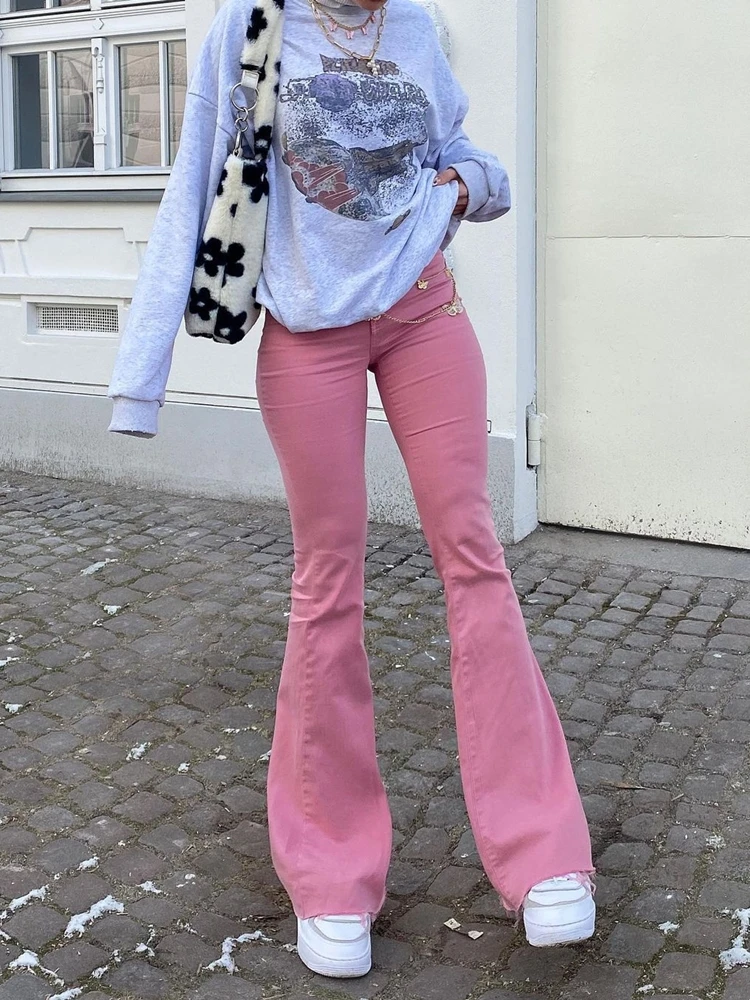 

Женские пикантные джинсы с высокой талией, узкие расклешенные джинсовые брюки в стиле ретро, женские повседневные брюки с широкими штанина...