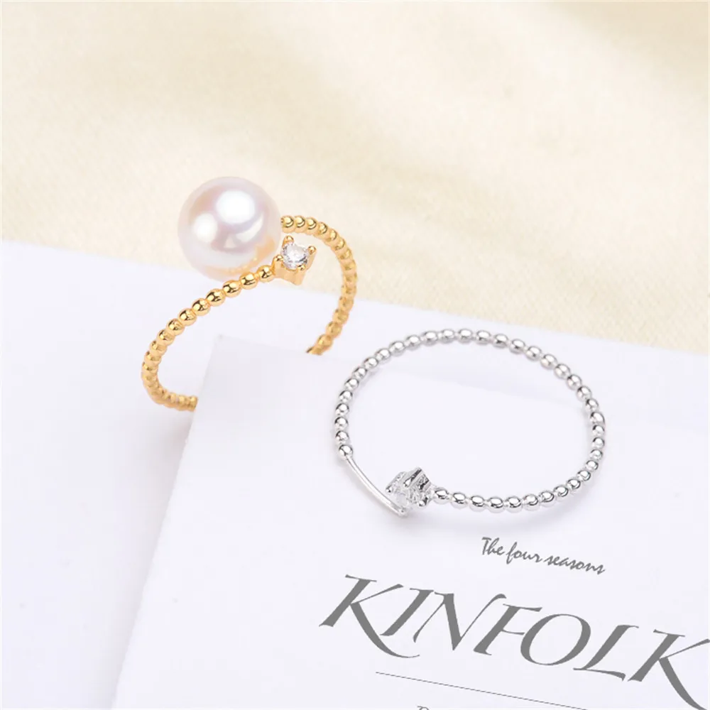 

S925 sterling silver wrapped real gold half hole bead holder ring handmade diy sticky crystal pearl inlay empty holder open ring
