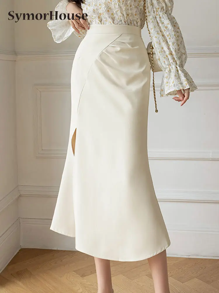 

Юбка-миди Женская со складками, Модная элегантная повседневная Простая Офисная юбка-трапеция с высокой талией, с разрезом, юбка-годе, весна-лето