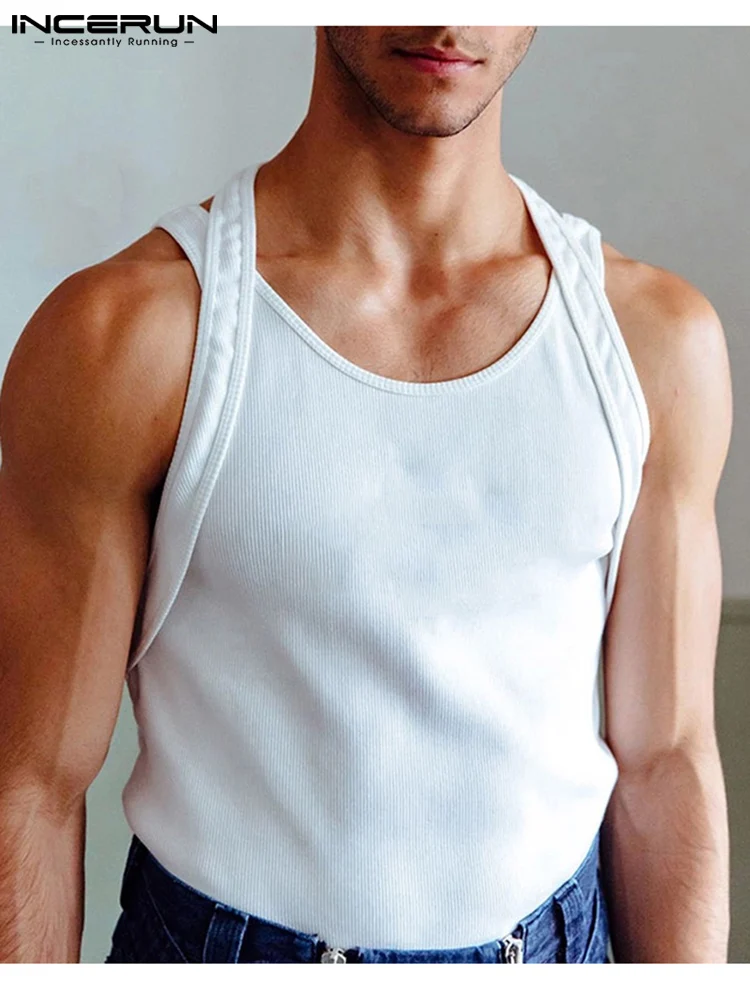 

Fashion Men Tank Tops Solid Color O-neck Sleeveless Fake Two Pieces Vests 2023 Summer Fitness Casual Men Clothing S-5XL INCERUN