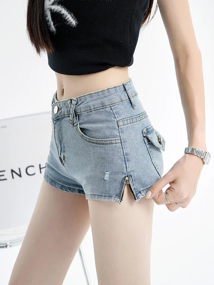 Streetwear Women Vintage Loose High Waist Mini Denim Shorts Spring Summer Female Button Wide Leg Jeans Shorts Bottoms