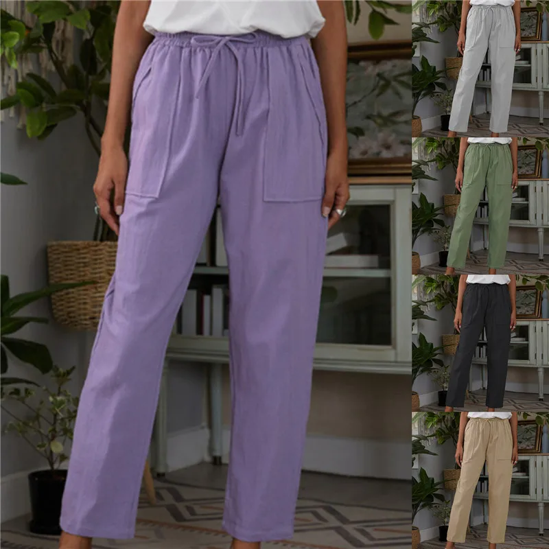 

Women Casual Harajuku Long Ankle Length Trousers 2022 Summer Autumn Large Solid Elastic Waist Cotton Linen Pants Black Pants