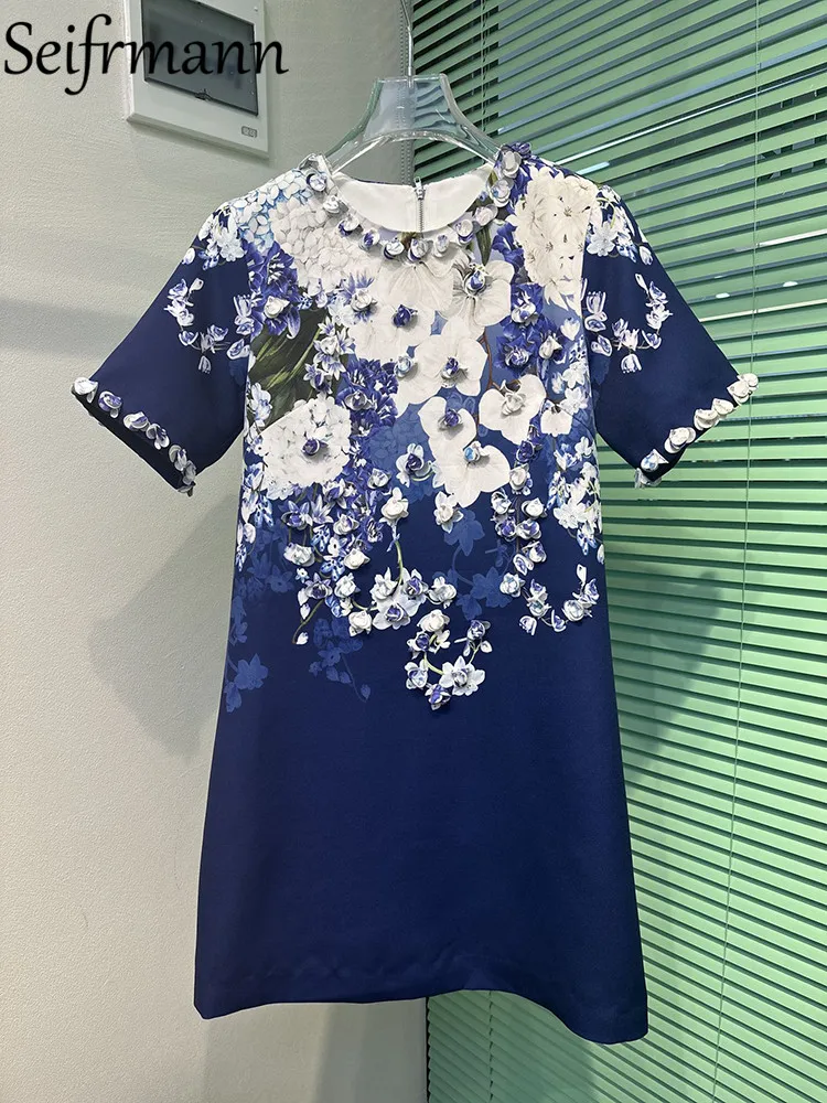 Seifrmann High Quality Summer Women Fashion Runway Mini Dress Short Sleeve Crystal Appliques Printed Colorblock Party Dresses