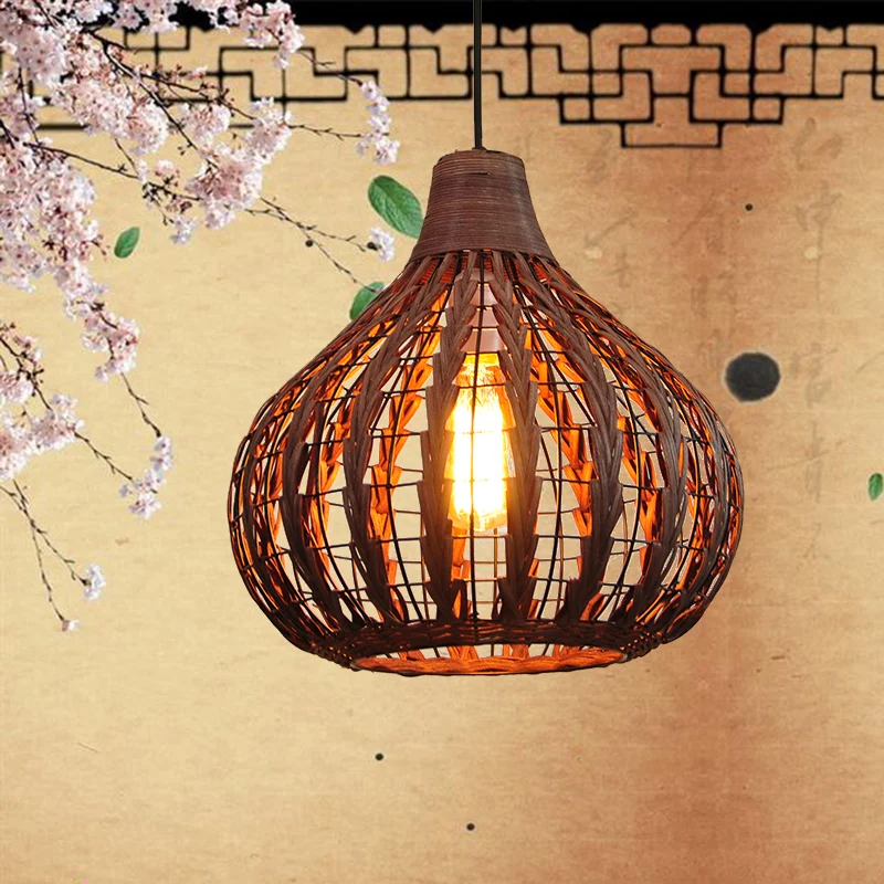 Rattan Lampshade Chandelier Vintage Hand Knitted wicker pendant lamp Vintage Retro Decor Coffee Shop Wood oriental hanging lamp
