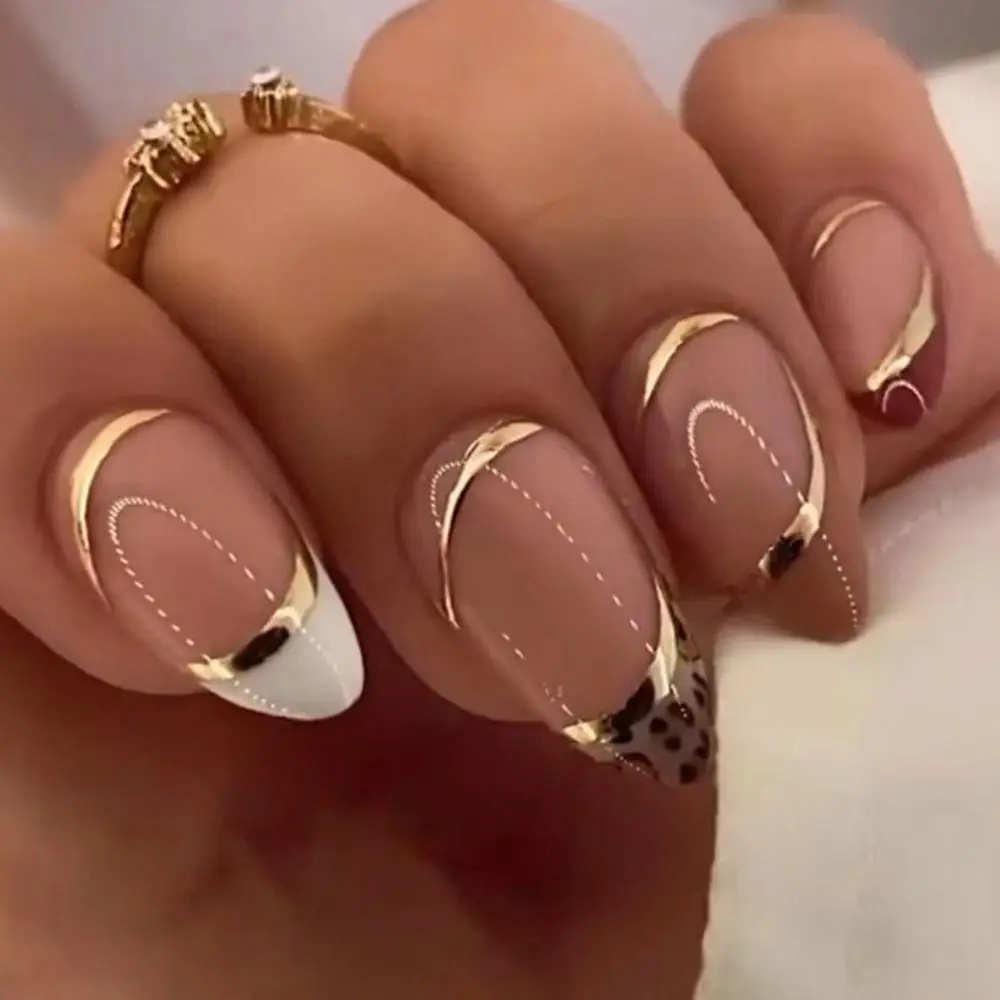

HEALLOR 24pcs Almond False Nails French Gold Line Fashion Leopard Edge Designs Fake Nail Nail Tips DIY Full Cover Detachable