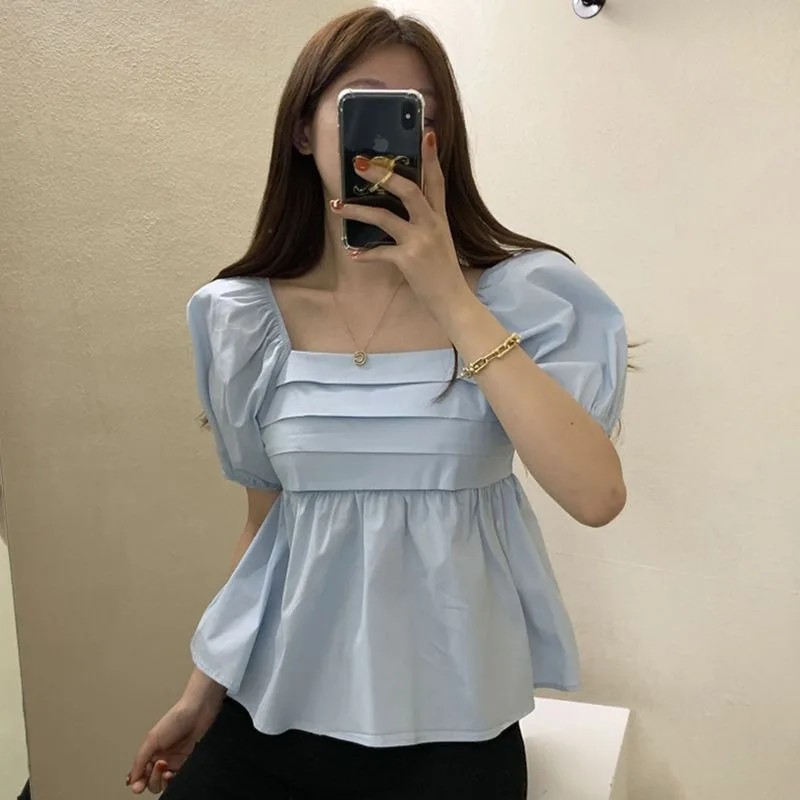 

Women Solid Loose Blouses Casual Short Sleeve Pleated Square Neck Shirts Blusa Korea Fashion Puff White T-shirts Tee for Lady