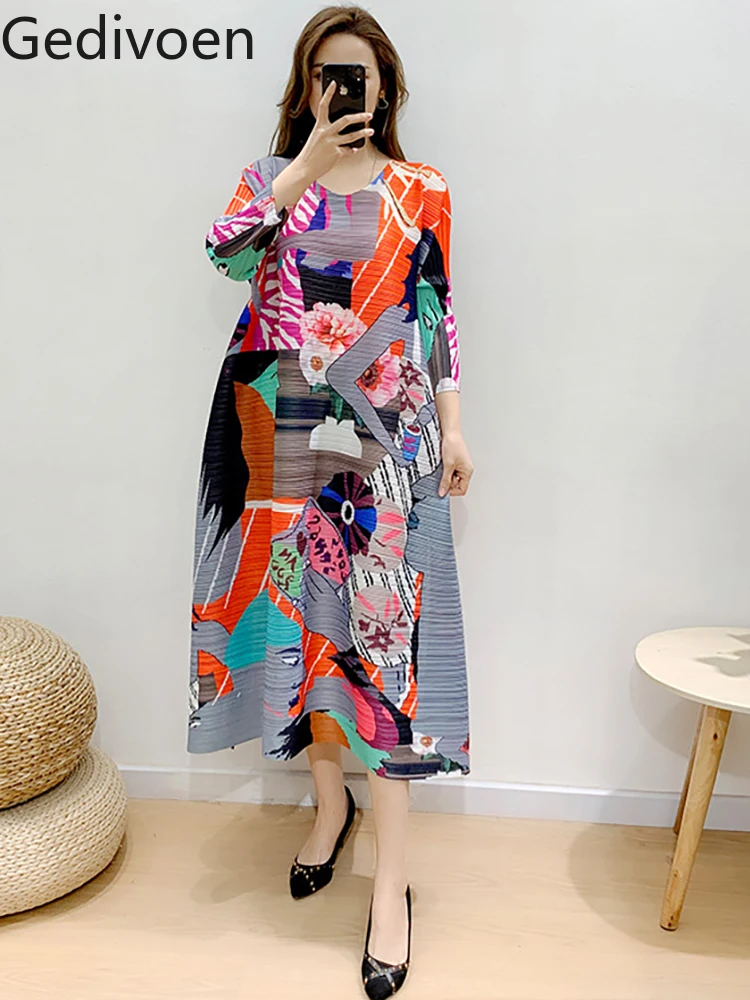 

Gedivoen High Quality Summer Women Fashion Runway Designer Loose Pleated Dress 3/4 Sleeve Floral Print Draped Elasticity Dresses