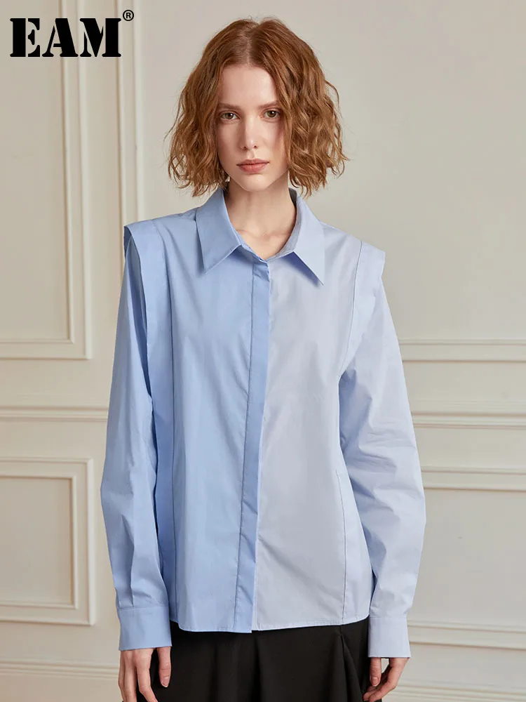

[EAM] Women Blue Color-Block Elegant Blouse New Lapel Long Sleeve Casual Loose Fit Shirt Fashion Tide Spring Autumn 2023 1DF8915