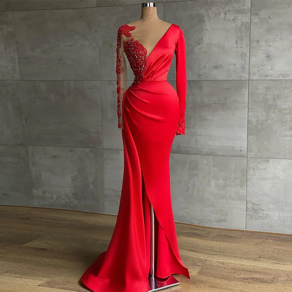 

Red Evening Dresses 2022 V-Neck Long Sleeves Appliques Pearls Vintage Prom Gowns Sexy Mermaid Satin Robes De Soirée Custom Made
