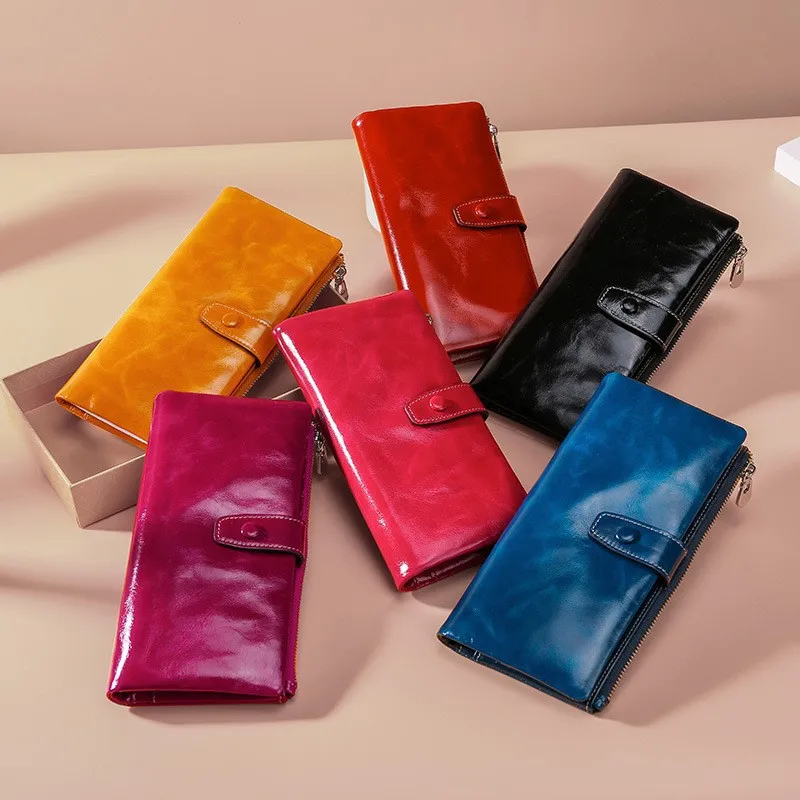 

Wallets For Women RFID Pocketbook Business Retro Clutch Card Bag Long Ladies Purse Mobile Phone Bag Purses Oil Leather Bag Pouch