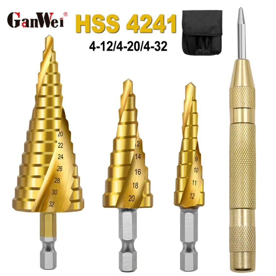 

GanWei Titanizing HSS Spiral Groove Hexagonal Stepped Drill Bit Plus Center Punch Set Centering Drilling Reamer with Cloth Bag