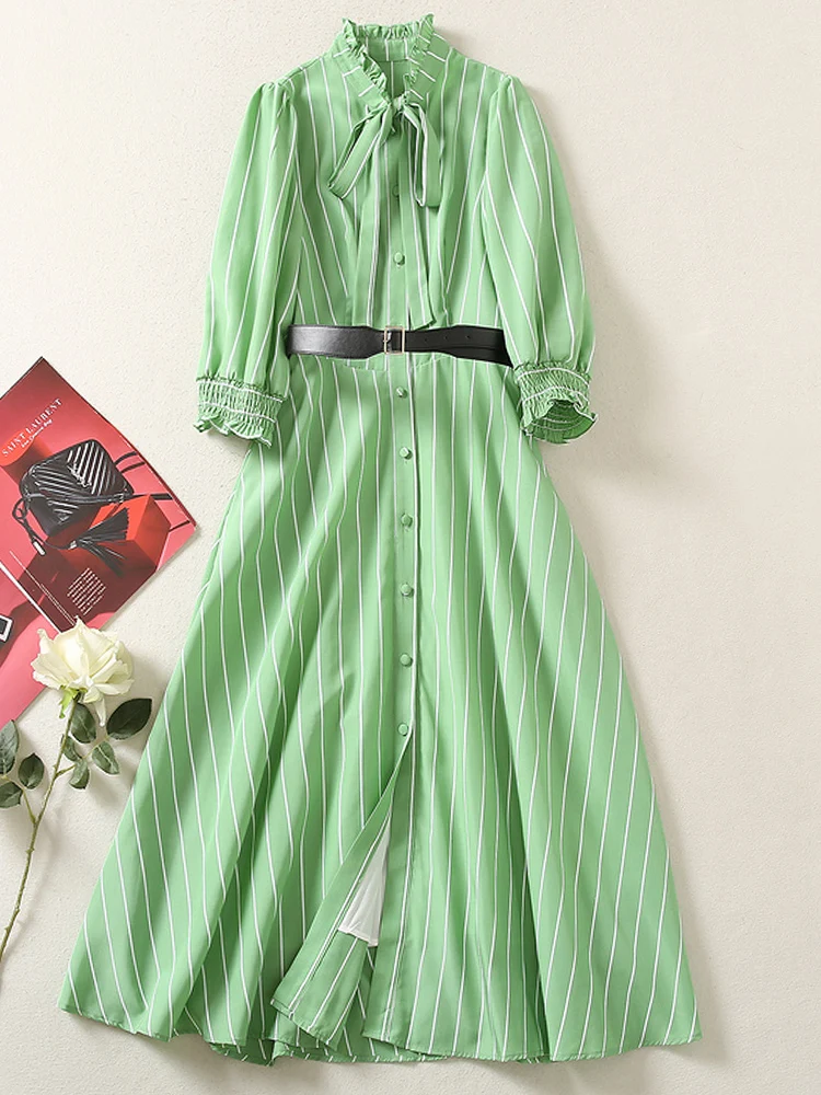 

Runway Designers High Quality Summer New Women's Celebrity Party Fashion Vintage Elegant Stripes Print Green Knee Dress