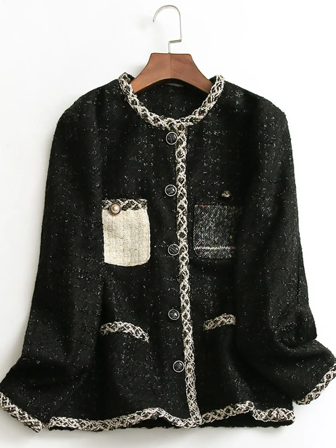 

Women's Patchwork Plaid Braided Crewneck Jacket Vintage Style Coat