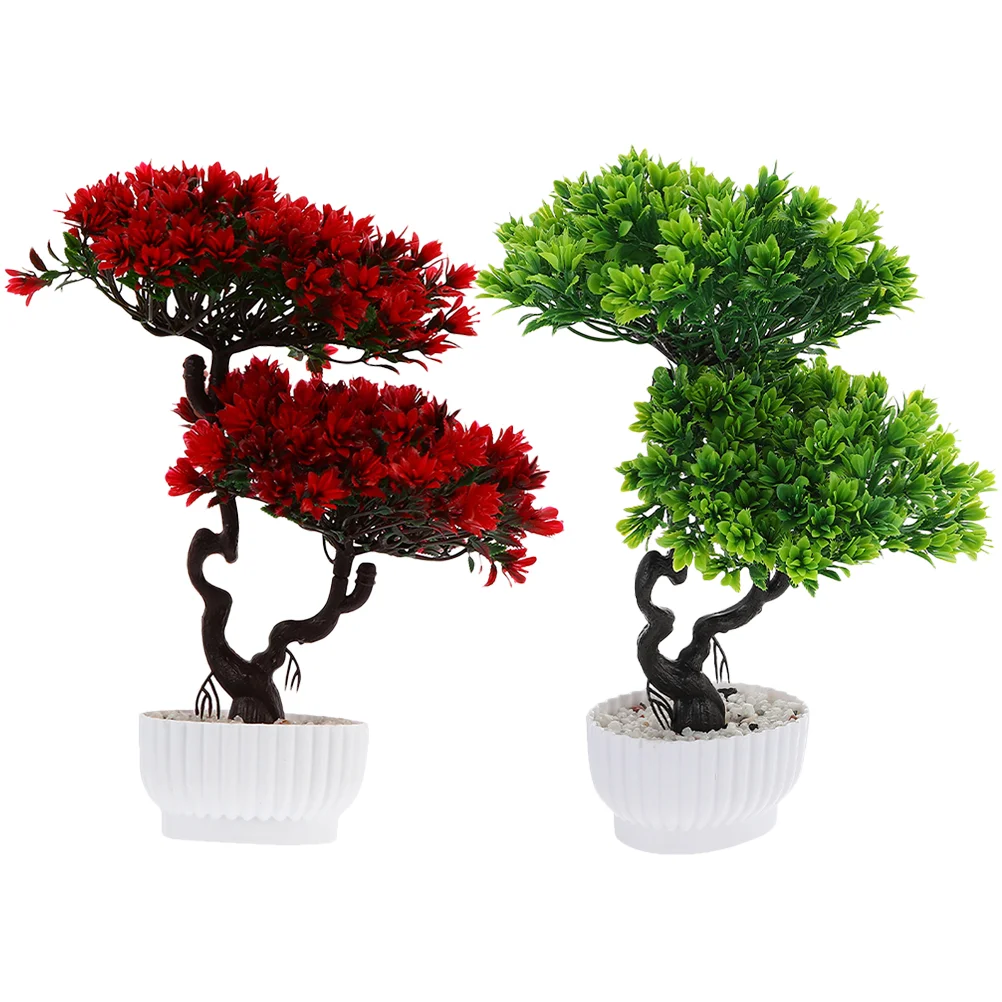 

2 Pcs Songhua Welcome Pine Flower Potted Plant Office Small Artificial Flowers Fake Tree Plastic Home Bonsai Guest-greeting