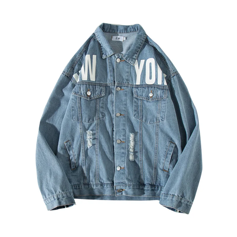 

Spring Autumn 2022 Fashion Trendy Men's Ripped Denim Jacket Hong Kong Style Loose Korean Style Trendy Denim Jacket Letter Top