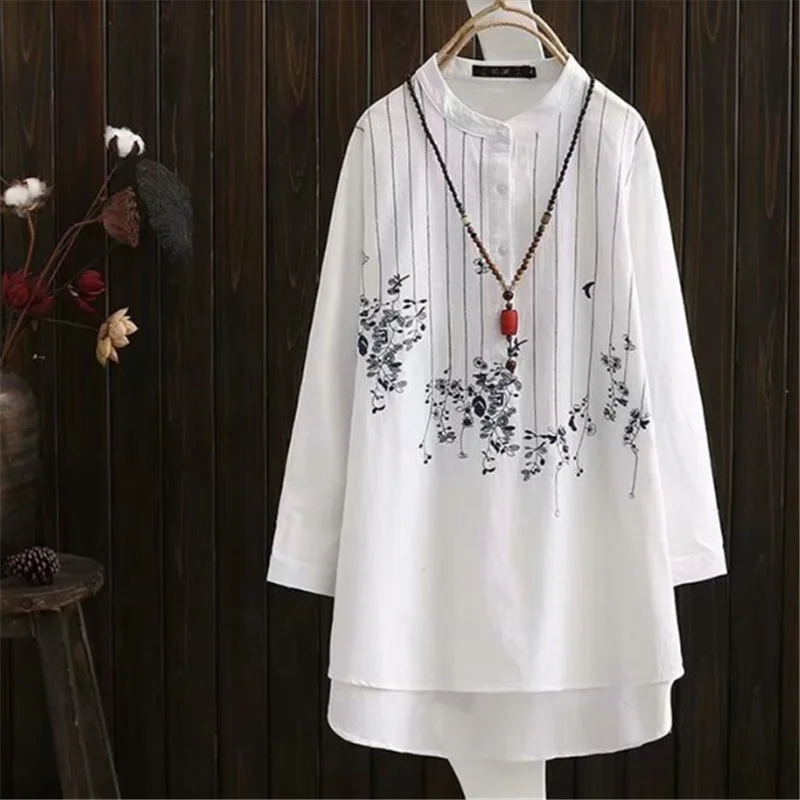 Блузка женская из хлопка и льна с длинным рукавом свободного покроя вышивкой в