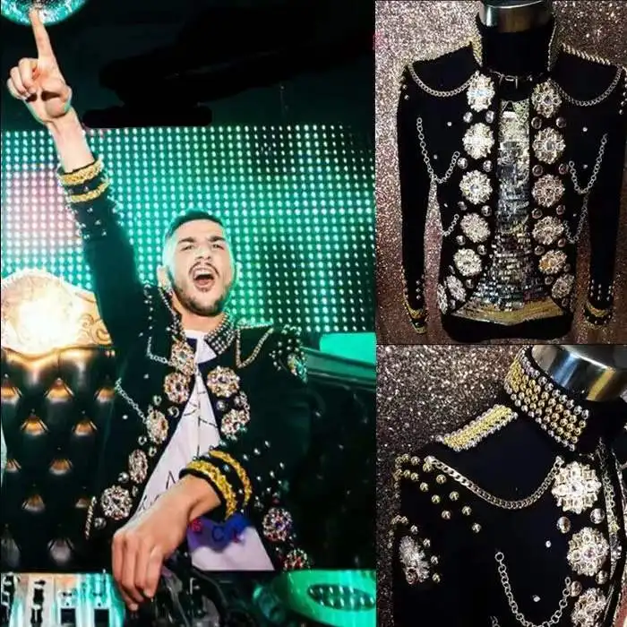 

Fashion Quality Male Pure Handmade Rhinestone Slim Suit Jacket Nightclub Dj singer Stage Performance Jacket Men royal coat
