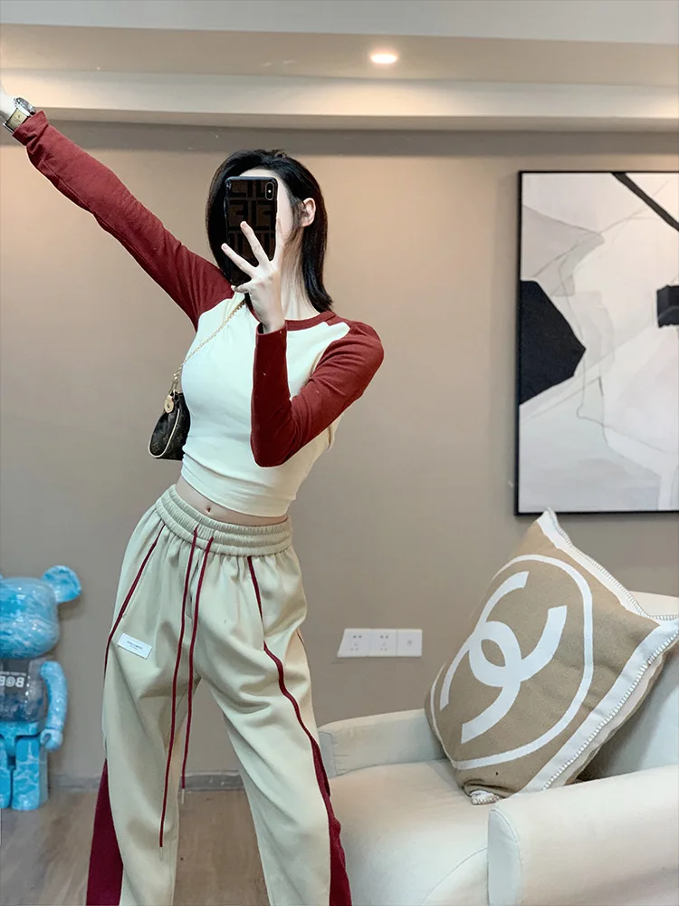 Women's Contrasting Color Sports Suit Two-piece Slim Long Sleeved Sweatshirt Loose Sweatpants Stylish Casual Sportswear