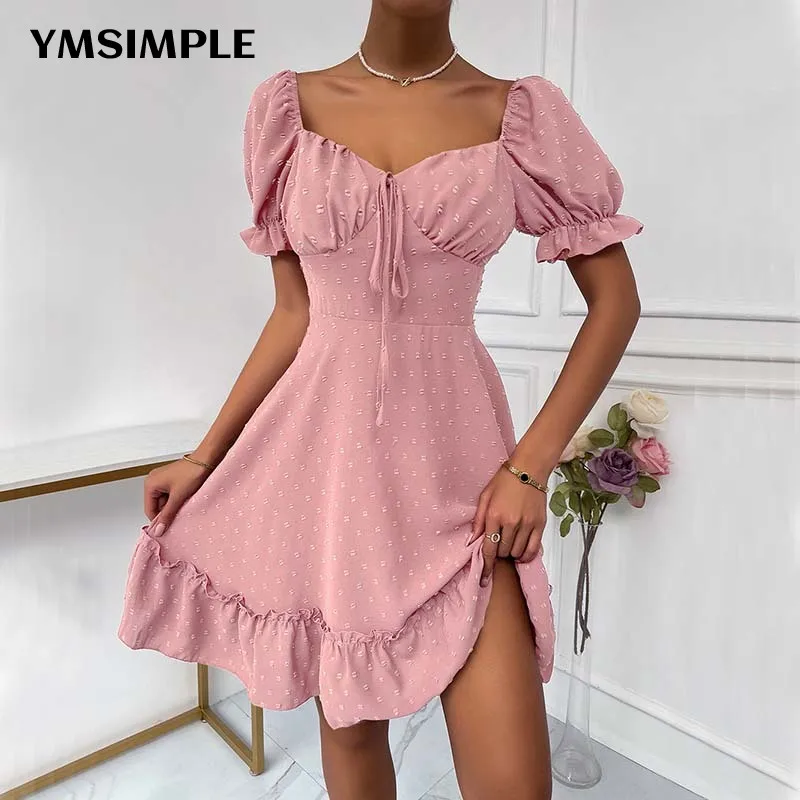 

Casual 2022 Spring Summer High Waist Tunics Dot Ruffles A-line Short Dress Woman Clothing Y2K Short Sleeve Boho Beach Vestidos