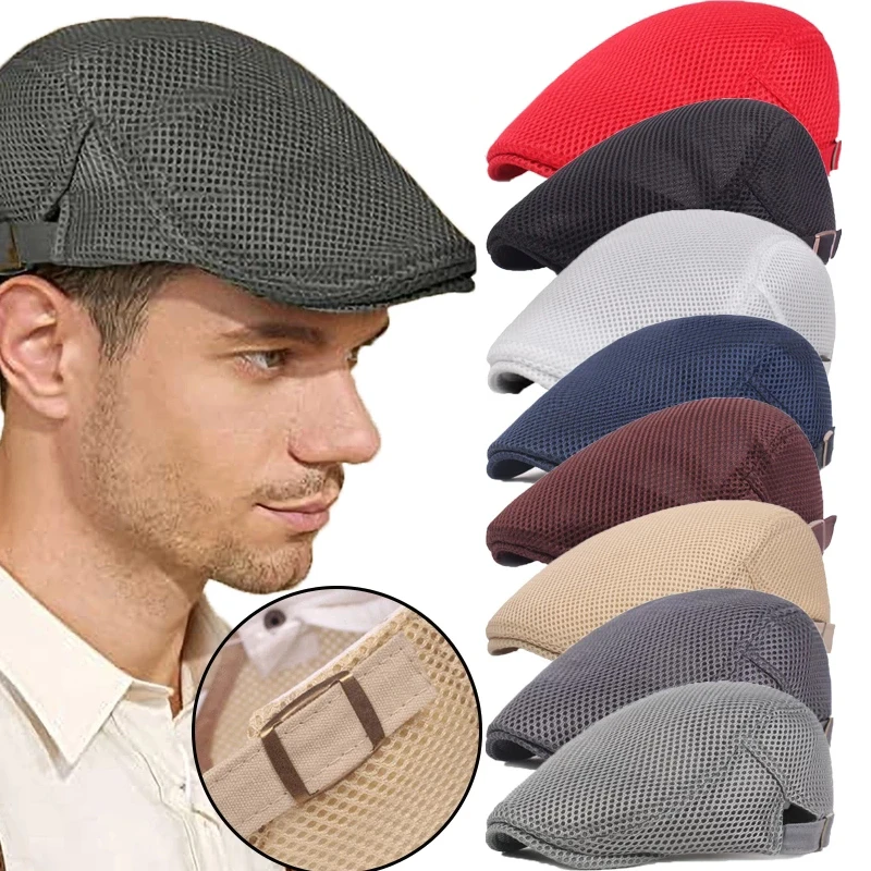 Men Breathable Mesh Caps Women Casual Beret Hat Fashion Flat Cap Adjustable Flat Cap Newsboy Style Gatsby Hat Peaked Sun Hat