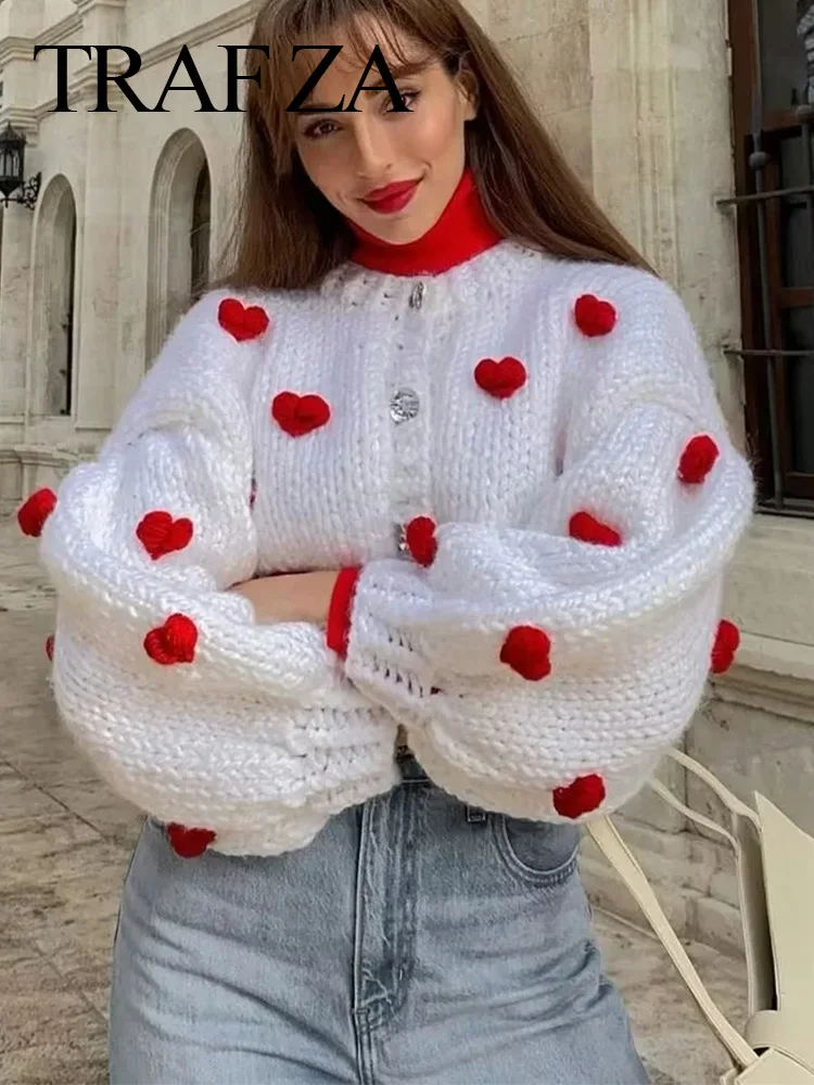 TRAF ZA Fashion Casual Loose White Sweater Jacket Single Breasted Drop Shoulder Puff Sleeves Three-dimensional Red Heart Top