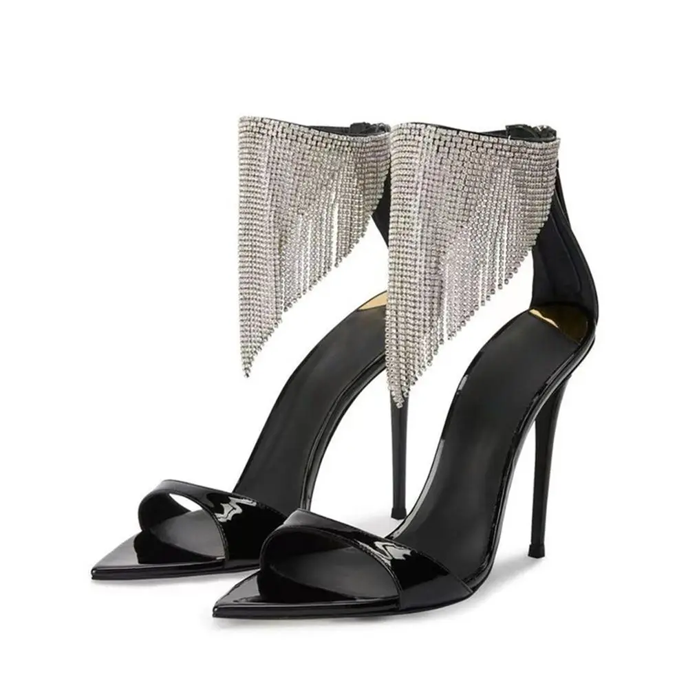 

Женские летние босоножки с золотистым острым носком на каблуках с кристаллами и бусинами, блестящие босоножки с бахромой, туфли на шпильке, задняя молния, с открытым носком, искусственная 43