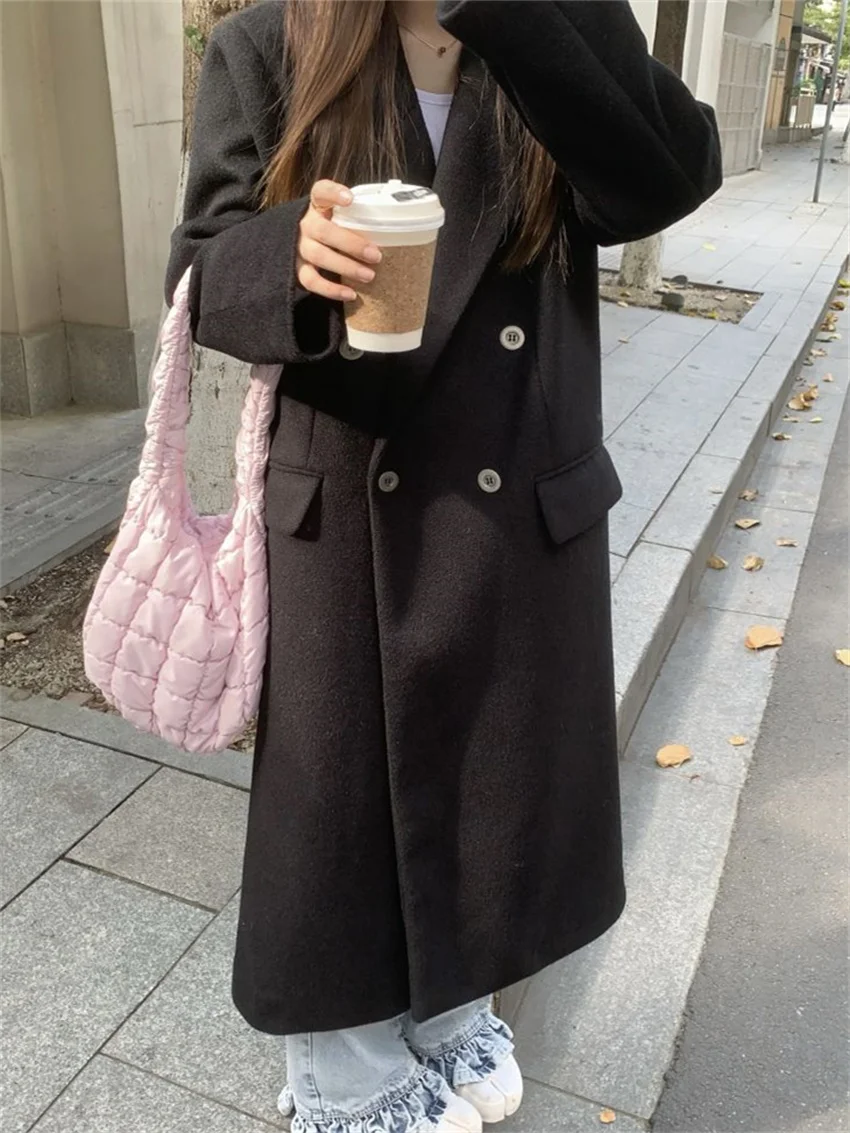 

Черные шерстяные длинные пальто HziriP, зимние элегантные женские шикарные свободные с отложным воротником, теплые 2022 облегающие новые офисны...