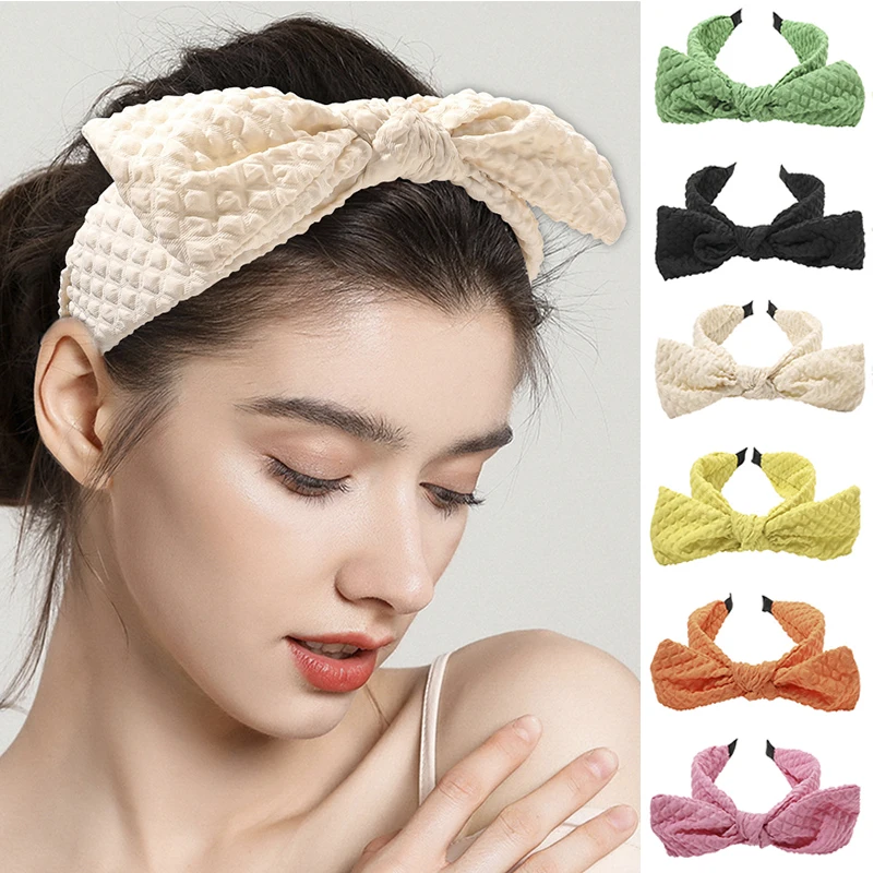 

Ободок для волос с вафельным бантом, ободок с перехлёстом, однотонный широкий ободок для волос с большим бантом, милые аксессуары для волос