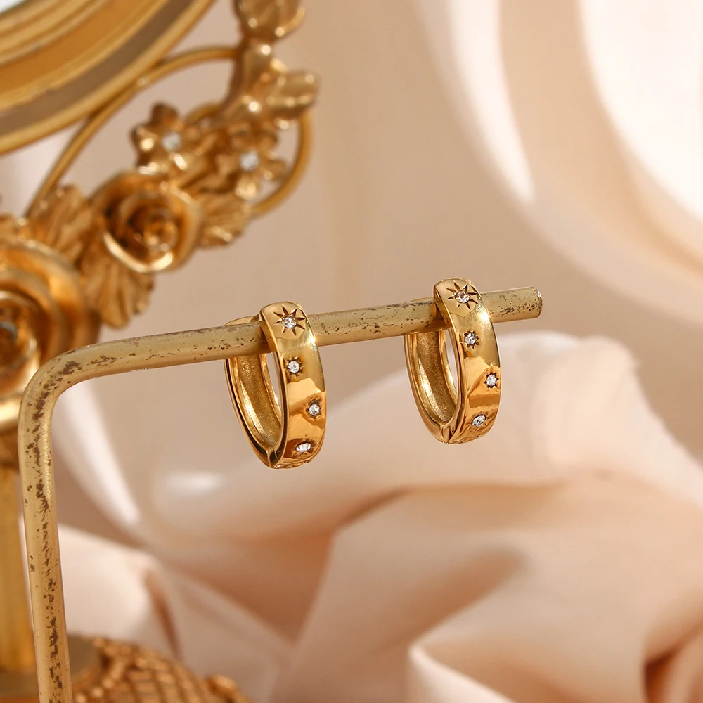 Серьги-кольца круглые из нержавеющей стали с фианитом