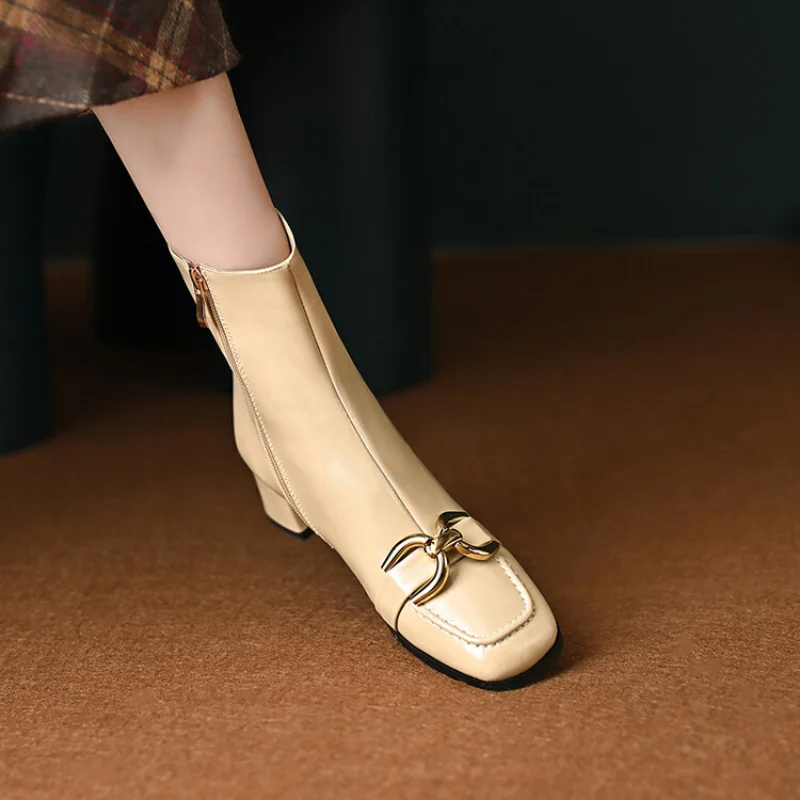 Leather All-match Chelsea Ankle Boots Women 2023 New Single Boots Thick Heel Square Head Horse Buckle Boots Women 22-56