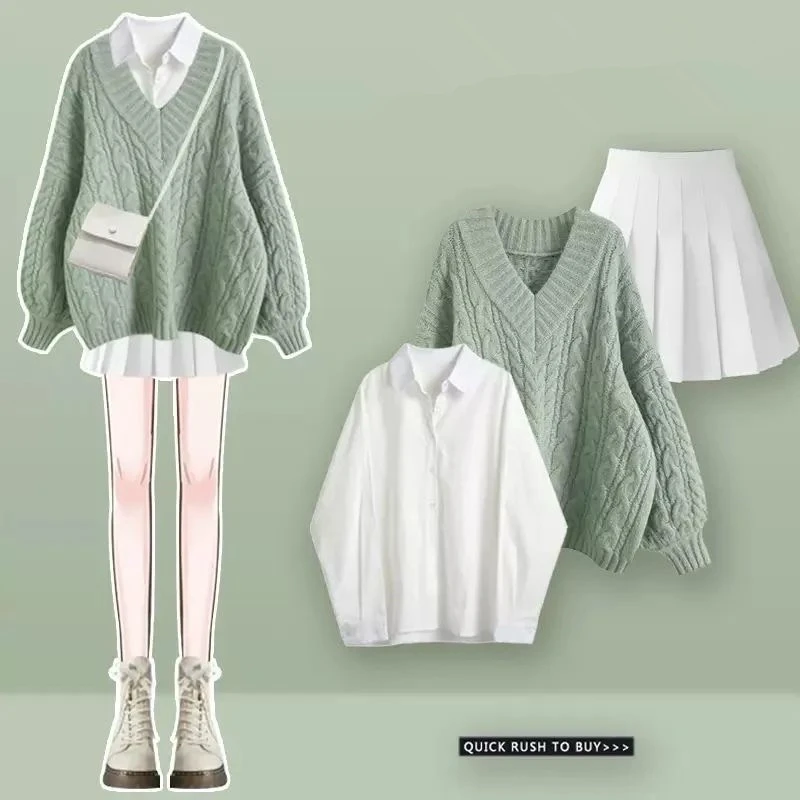 Женский осенне-зимний свободный свитер в консервативном стиле рубашка мини-юбки