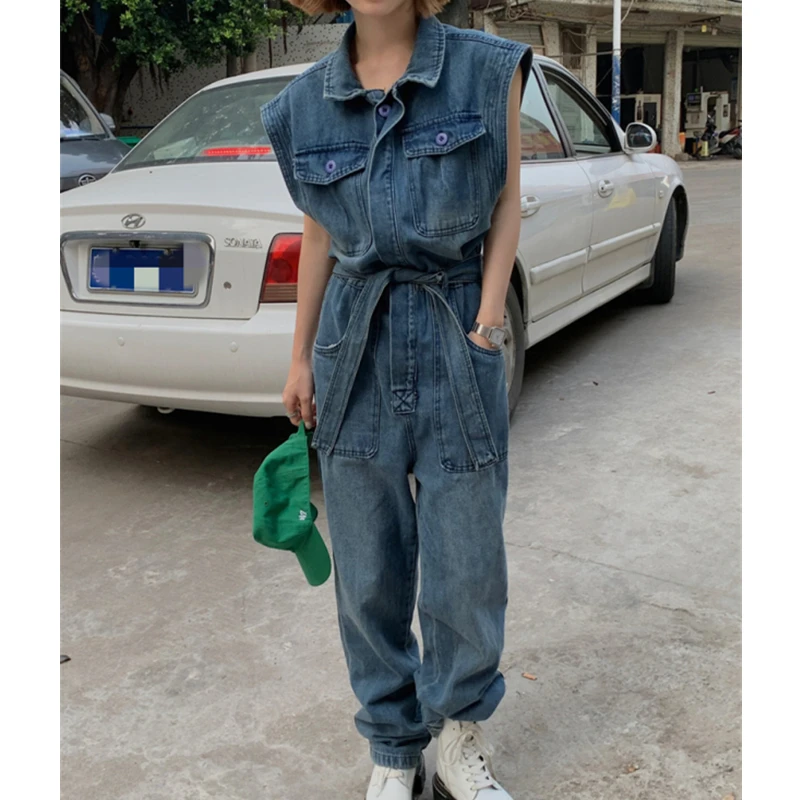

Джинсовый комбинезон без рукавов с воротником-поло, женские летние свободные однобортные цельные брюки с высокой талией и широкими штанинами для женщин