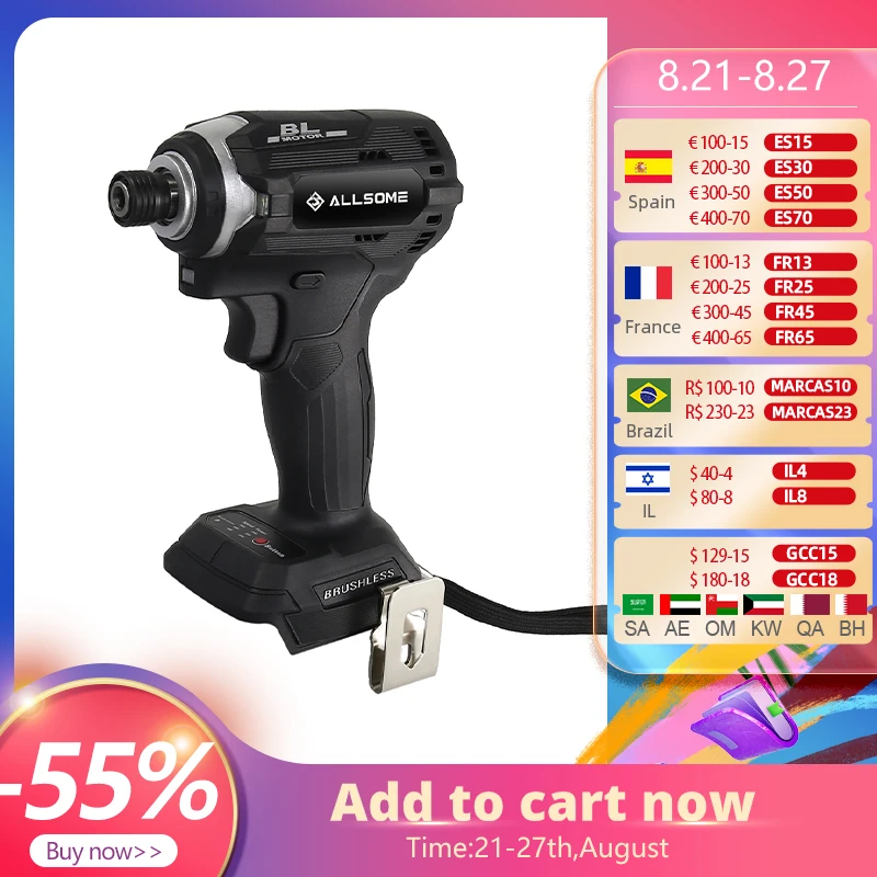 ALLSOME 21V Electric screwdriver 1/4 in. Hex Compact Impact Driver with 3-speed For 18V Makita Lithium Battery