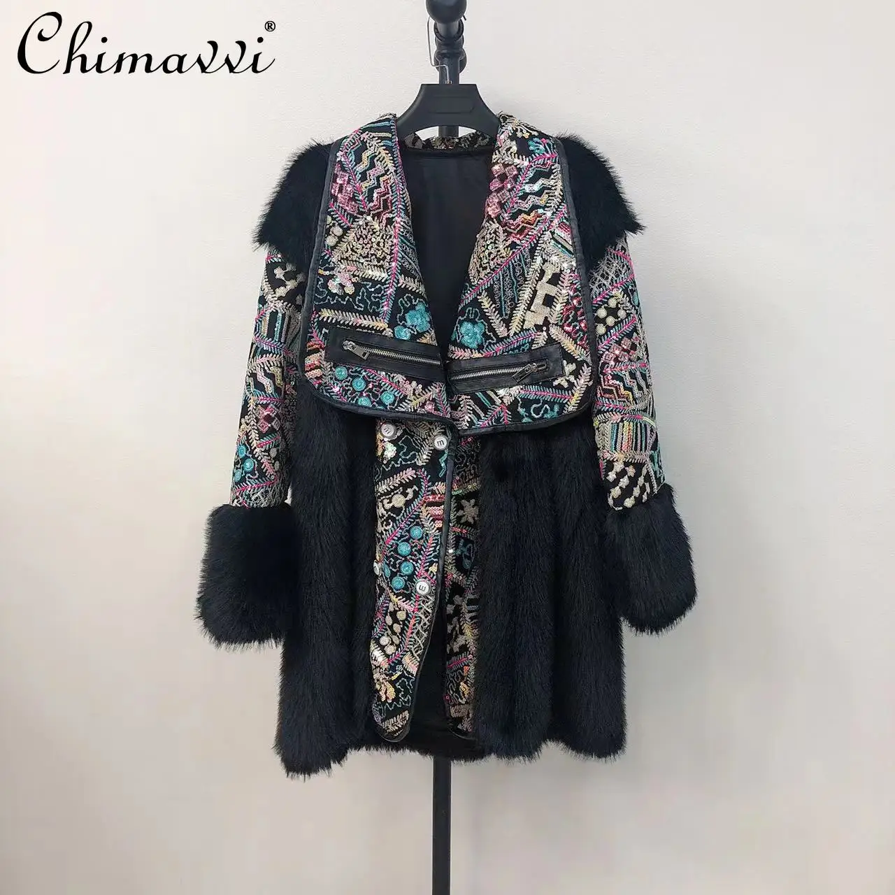 2023 New Winter Clothes Fashion Luxury Warm Imitation Toka Long Jacket Women's High-End Sequined Decorative Temperament Fur Coat