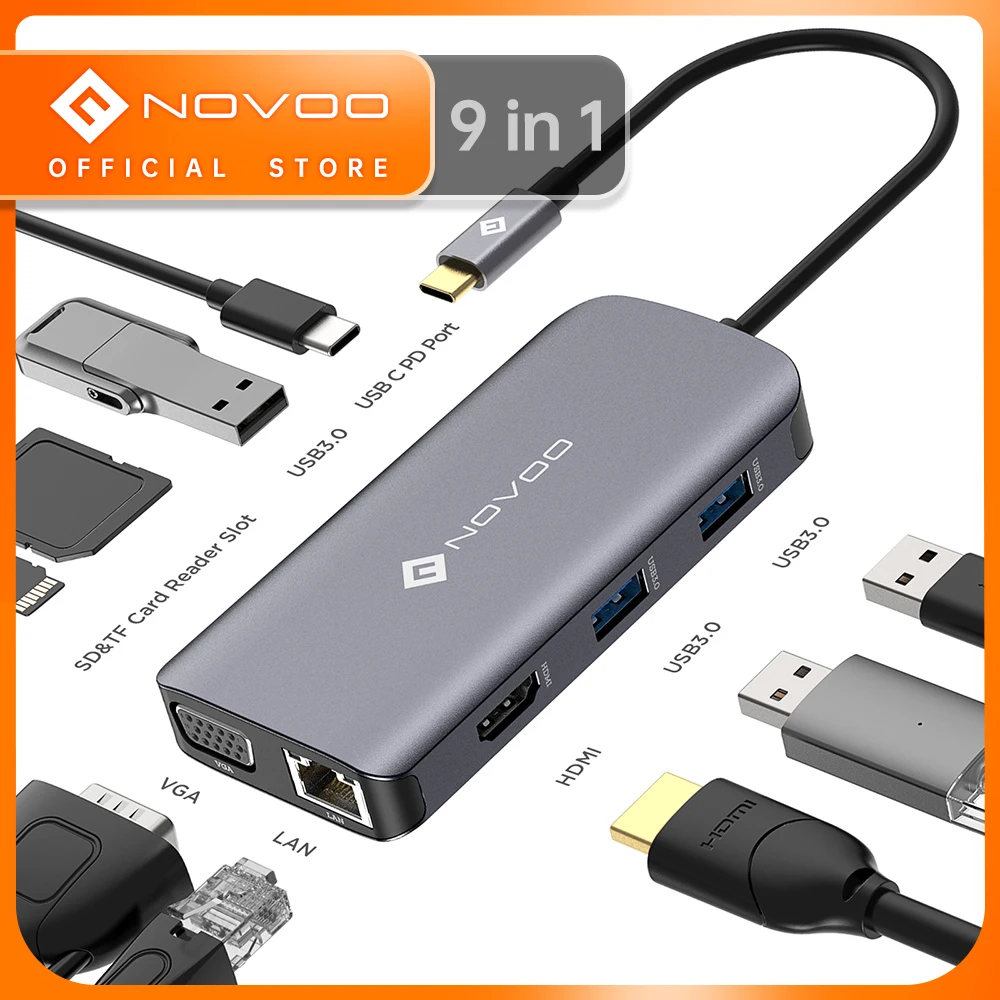 

USB-концентратор NOVOO, 9 портов, USB C, HDMI-совместимый, VGA-разветвитель, USB 3,0 PD 100 Вт RJ45 SD TF-ридер для MacBook Pro Air iPad ноутбука
