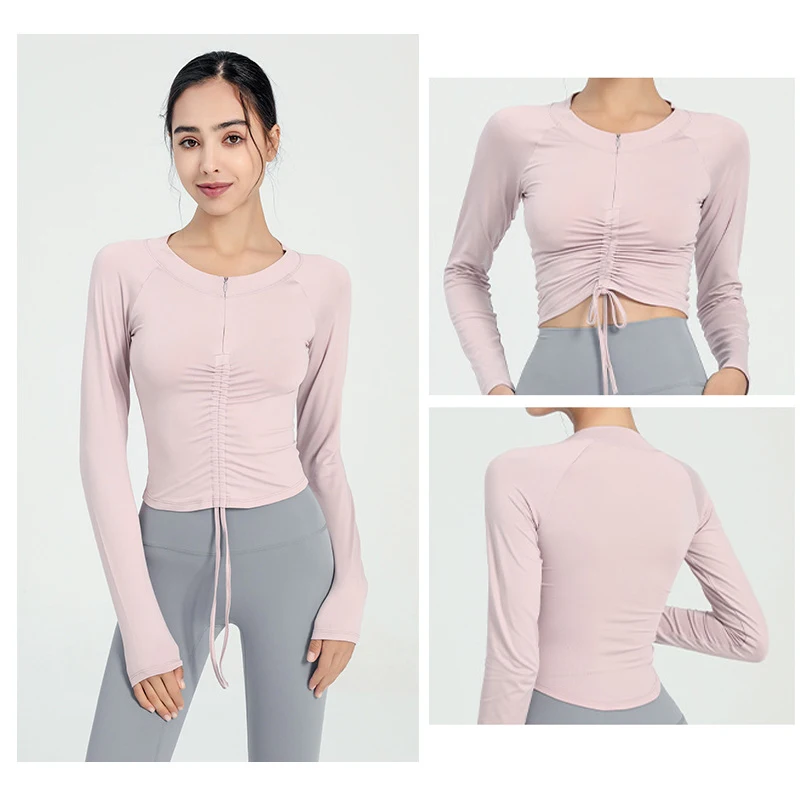 Long Sleeve Shirt Semi Zip Front Drawstring Yoga Tops Woman Sports Activewear Running Top for Fitness Female Blouse Gym Women