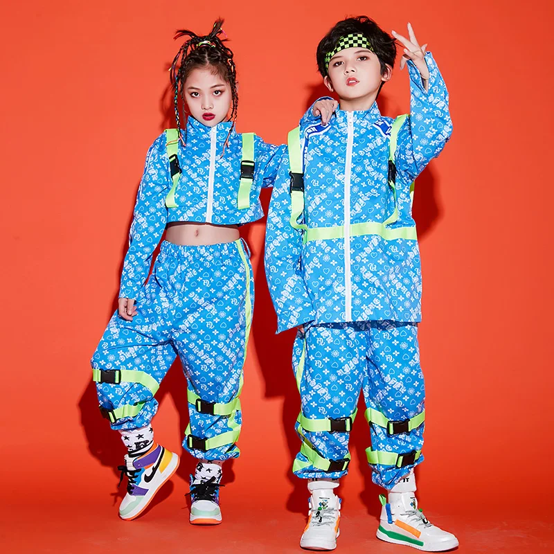 

Blue Set Loose Street Dance Clothing For Boys Show Stage Outfit Wear Kids Hip hop Costume Girls Jazz Dance Tops Pants