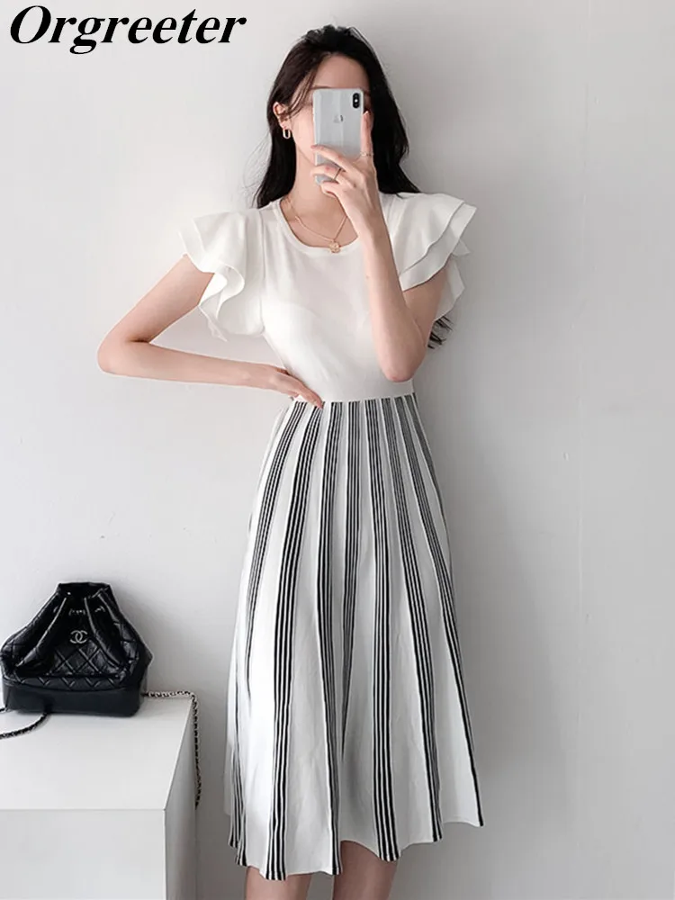 

Женское трикотажное платье в полоску, элегантное плиссированное платье средней длины с рукавом-бабочкой, лето 2022