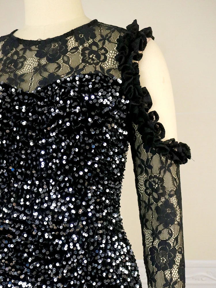 Black Sequins Dresses Plus Size Cold Shoulder O Neck Lace Patchwork Long Sleeve Sequined High Waist Party Glitter Outfits 4XL