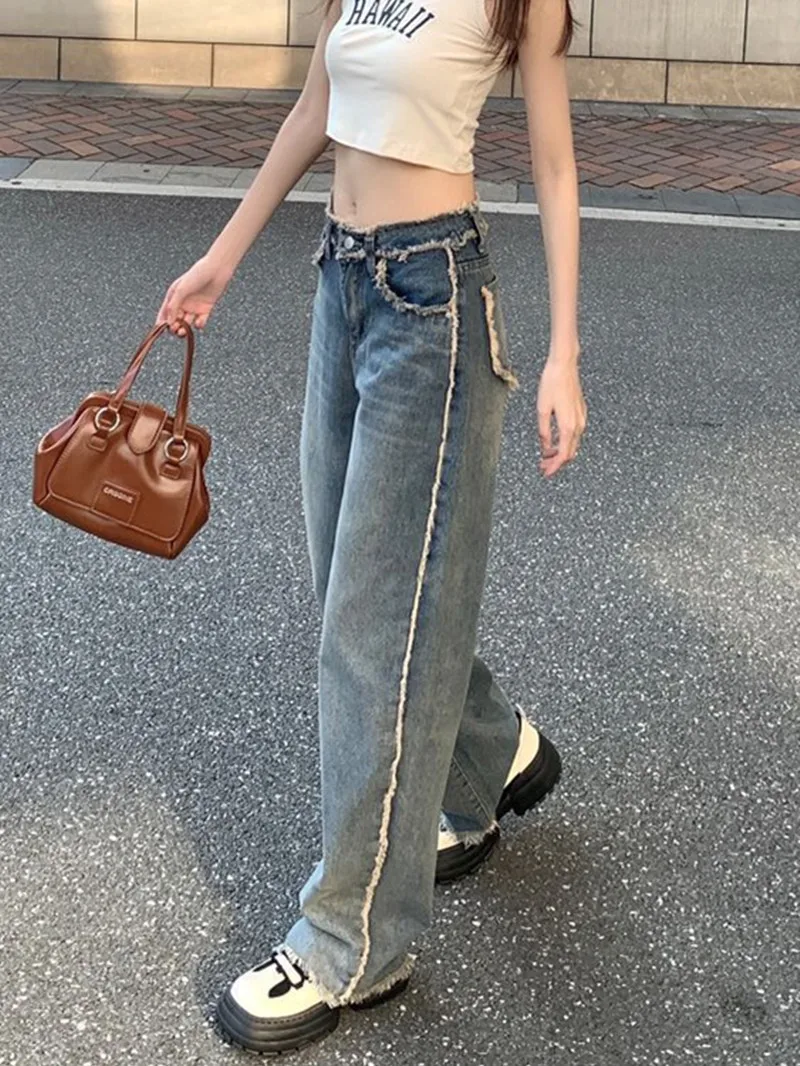 Ins High Waist Straight Slim Fit Jeans Y2k Casual Loose Mopping Denim Trousers Woman Vintage Frayed Wide Leg  Blue Jean Pants