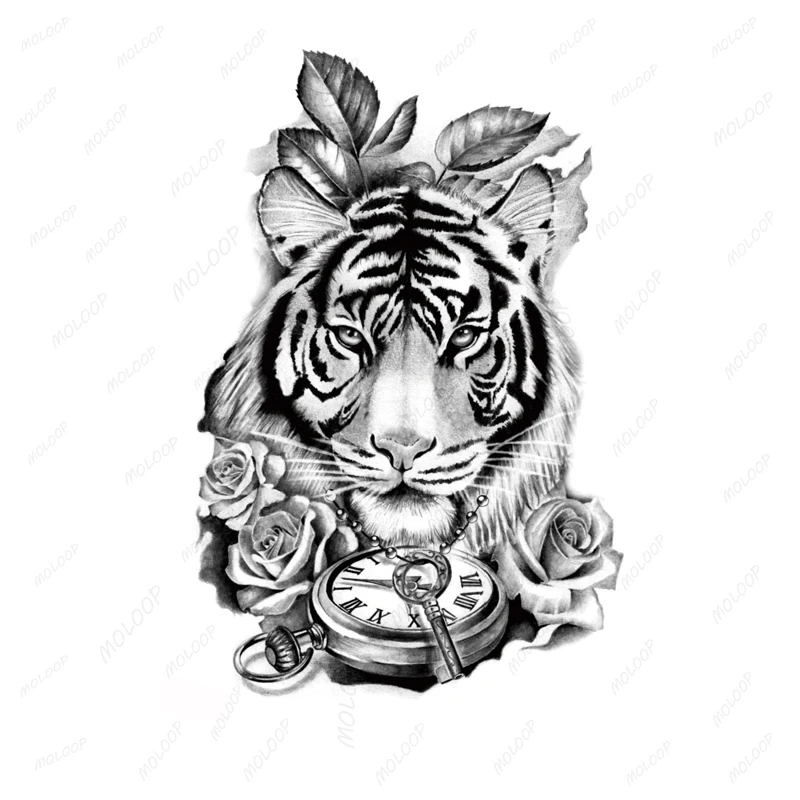 

Тату-наклейки с тигром, розой, цветами, листьями, лесом, большим котом, временная Водонепроницаемая татуировка на руку и спину, искусство макияжа, искусственная татуировка для мужчин и женщин