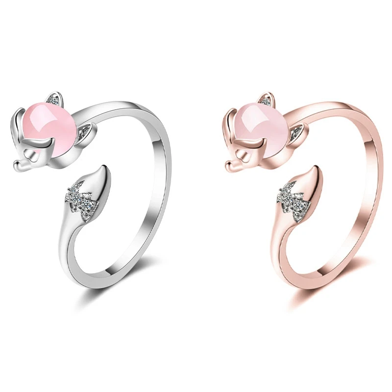 

Elegant Pink Color Hibiscus Stone Fox Animal Design Open Adjustable Finger Rings For Women Banquet Party Personality Band