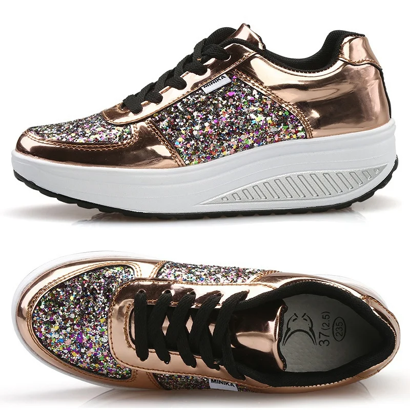 Brand New Womens Platform Toning Wedge Shoes Sequins Shake Shoes Fashion Girl Sport Shoes Fitness Shoes Woman Slimming Sneakers