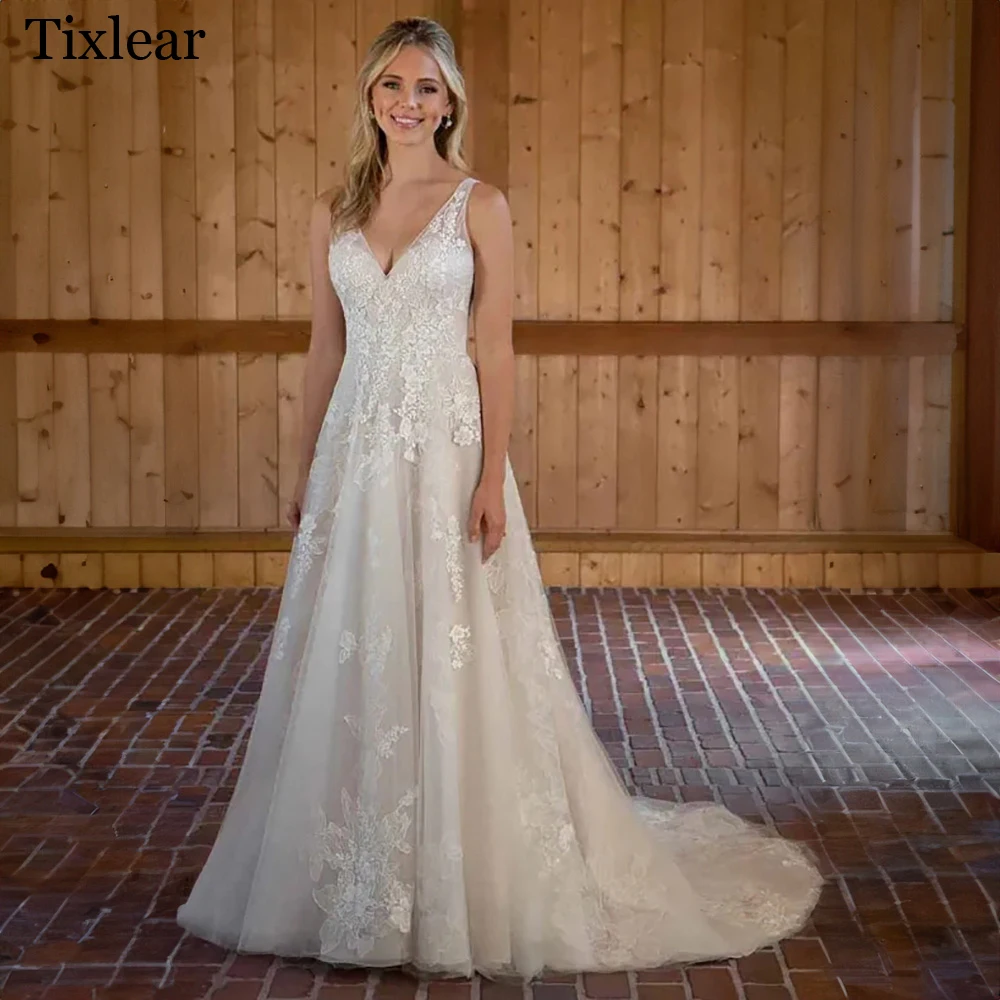 

TIXLEAR Stunning Wedding Dresses For Woman A-line V-Neck Open Back Appliques Sleeveless Tulle Lace Stunning свадебное платье