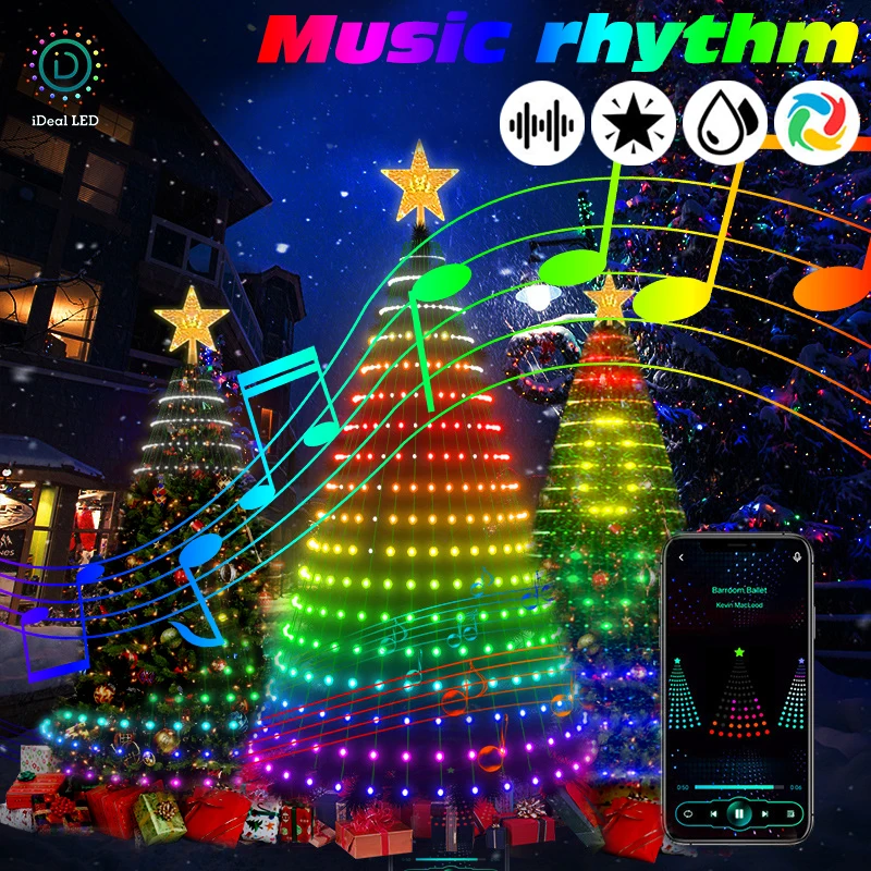RGB Smart Christmas Tree Waterfall Fairy String Lights Remote APP Bluetooth Control LED Light Show Tree Music Sync Holiday Decor